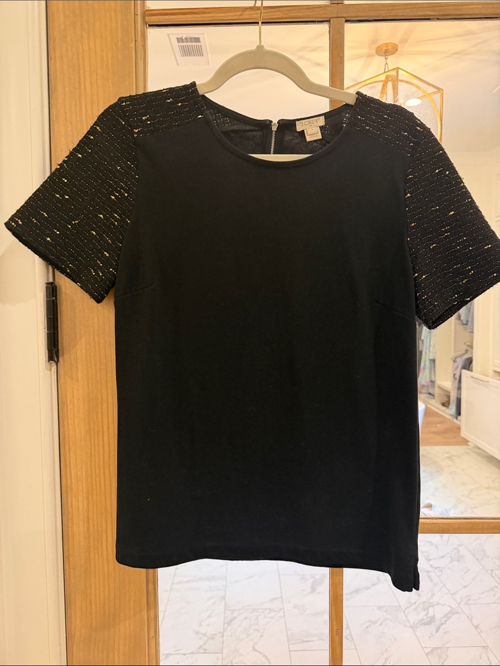 J. Crew Black Top with Metallic Tweed Short Sleeves